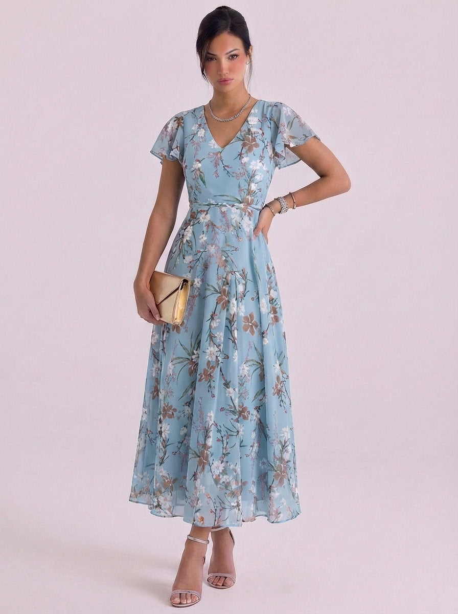 Robe longue en mousseline de soie à imprimé floral, col en V, manches flottantes, taille ceinturée