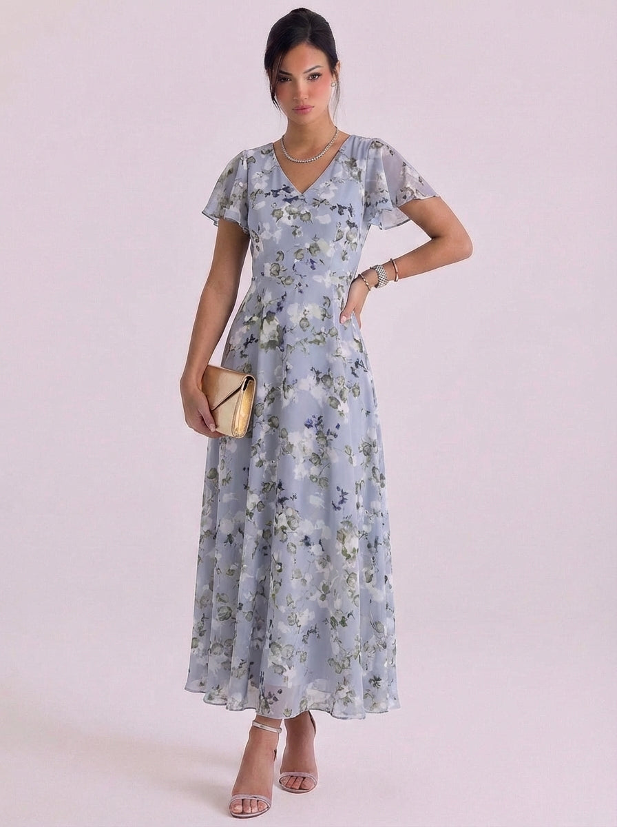 Vestido largo de gasa con estampado floral y cuello en V Manga acampanada Cintura con cinturón