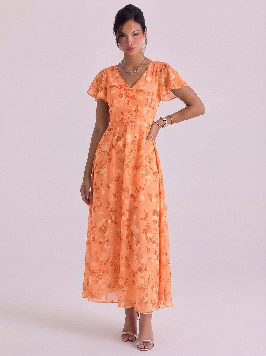 Abito lungo in chiffon con stampa floreale con scollo a V, maniche svolazzanti e cintura in vita