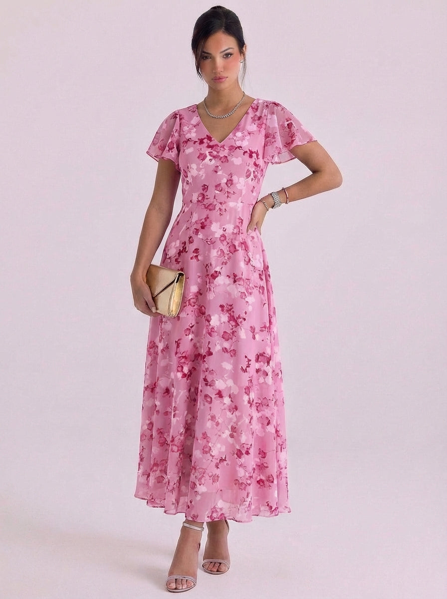 Robe longue en mousseline de soie à imprimé floral, col en V, manches flottantes, taille ceinturée