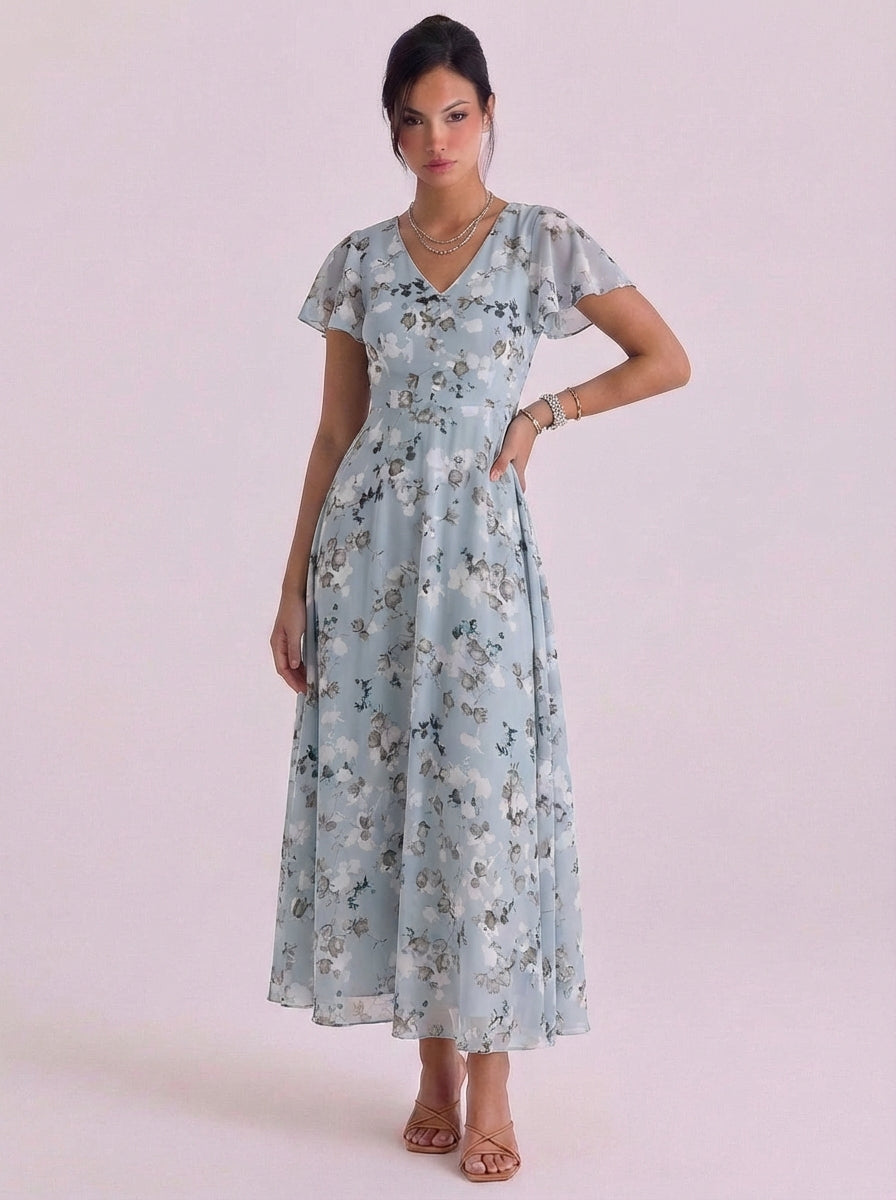 Vestido largo de gasa con estampado floral y cuello en V Manga acampanada Cintura con cinturón