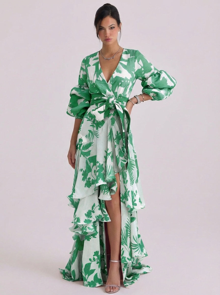 Gonna maxi con volant a strati con maniche a palloncino e stampa floreale in chiffon