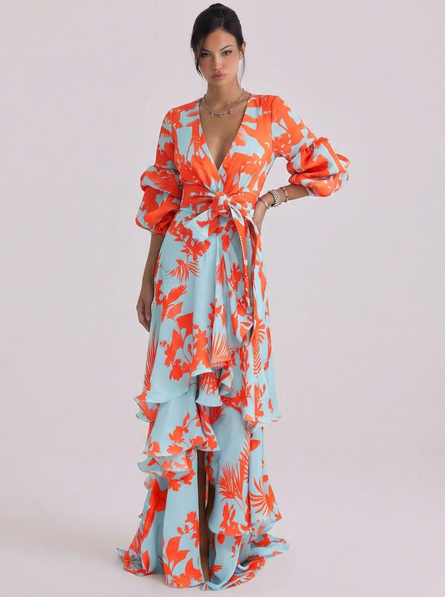 Maxi-jurk met bloemenprint van chiffon met ballonmouwen en gelaagde rok met ruches
