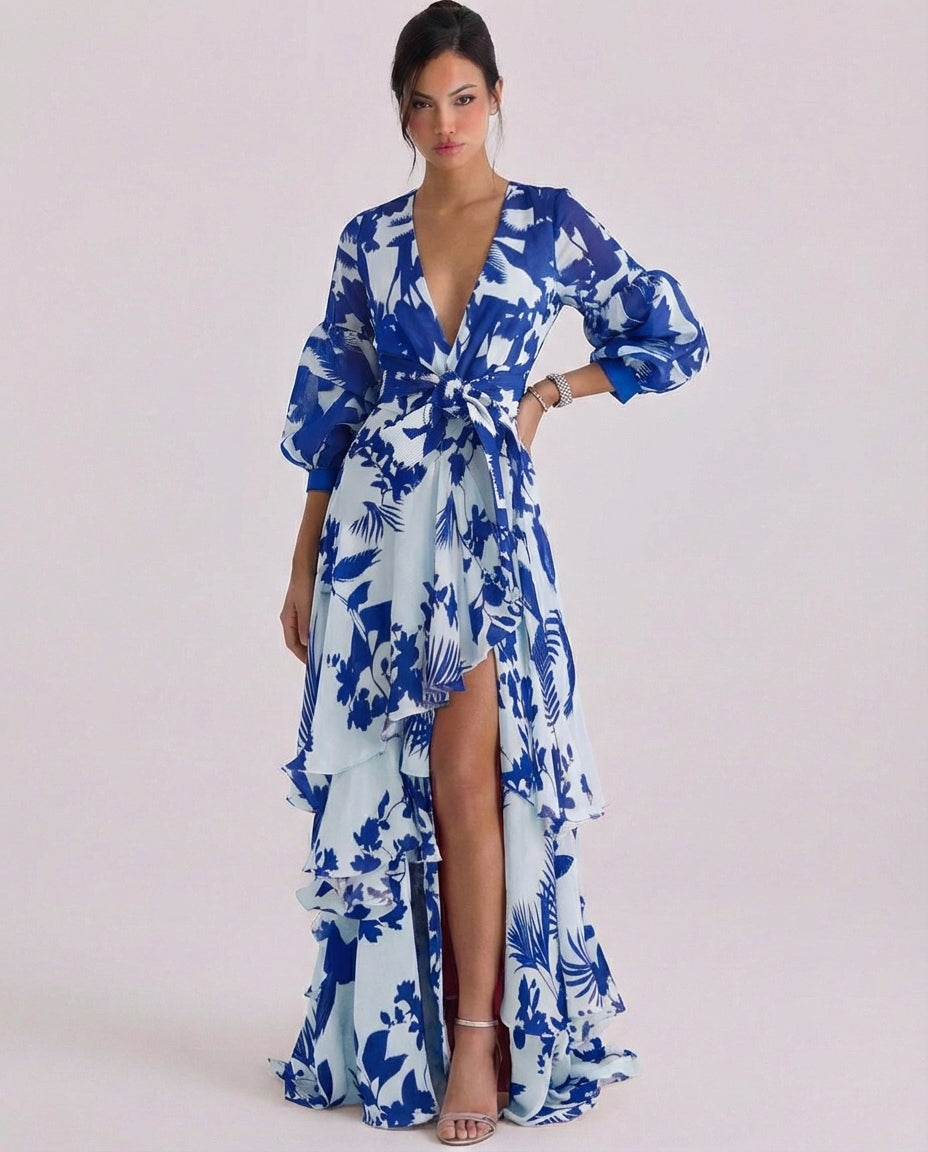Gonna maxi con volant a strati con maniche a palloncino e stampa floreale in chiffon