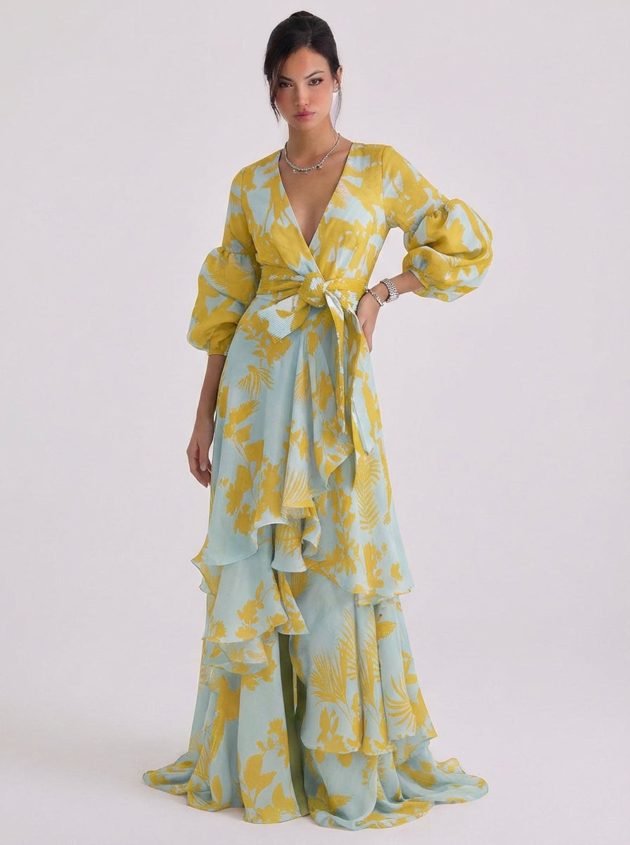 Robe portefeuille longue en mousseline de soie à imprimé floral, manches ballon, jupe à volants à plusieurs niveaux