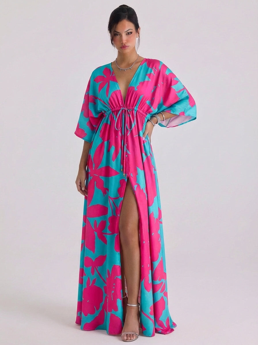 Wickel-Maxikleid aus Chiffon mit Blumendruck, gestufter Rüschenrock mit Ballonärmeln