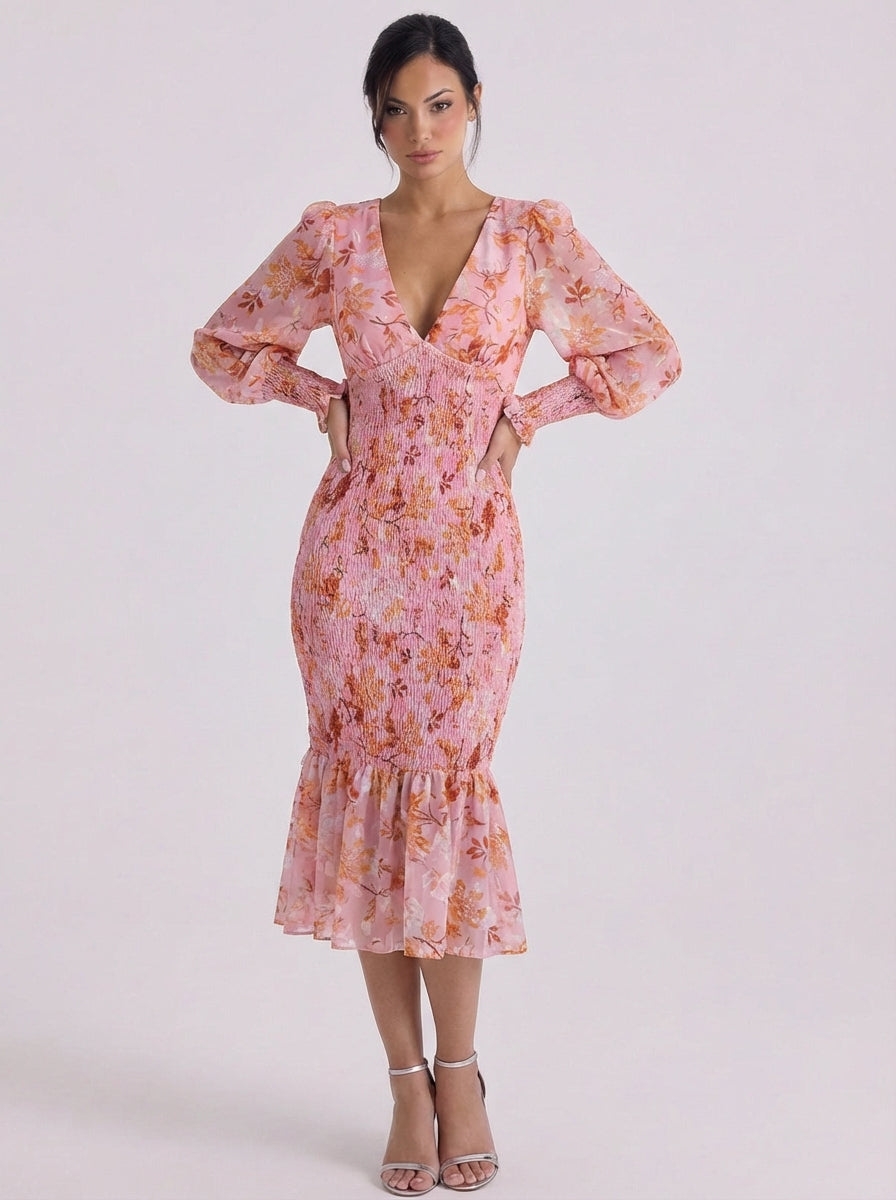 Abito longuette in chiffon floreale con motivo smock e sbuffo