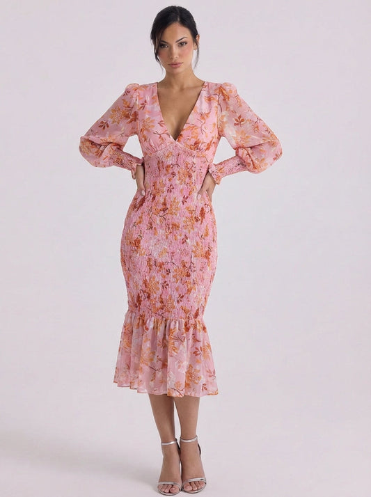 Midi-jurk met gesmokte chiffon van chiffon en bladerdeeg