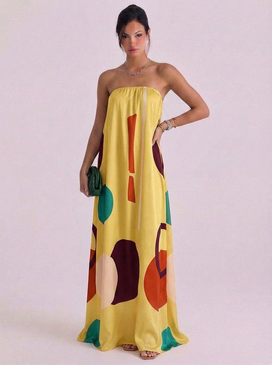 Vestido largo sin tirantes con estampado geométrico de gasa