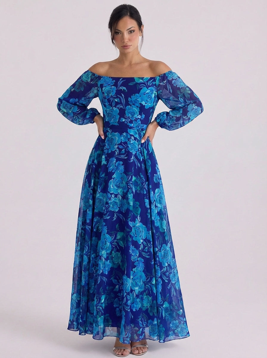 Chiffon off-shoulder bloemen maxi-jurk met bladerdeeg