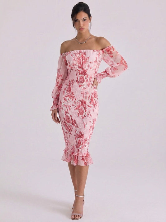 Vestido midi floral de gasa con hombros descubiertos y cintura fruncida