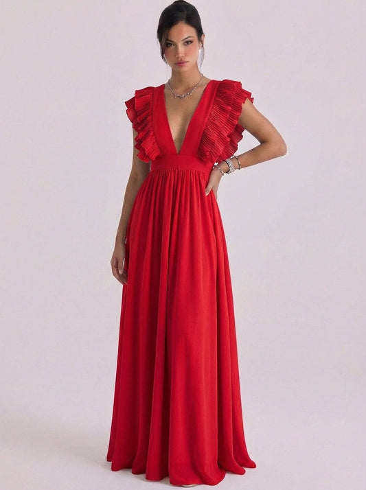 Chiffon geplooide ruches diepe V maxi-jurk kapmouw