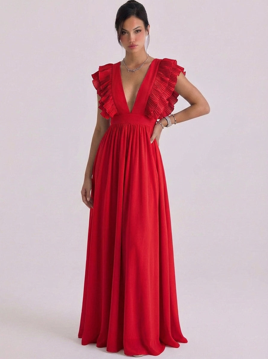 Vestido largo de gasa con volantes plisados y escote en V profundo, manga casquillo
