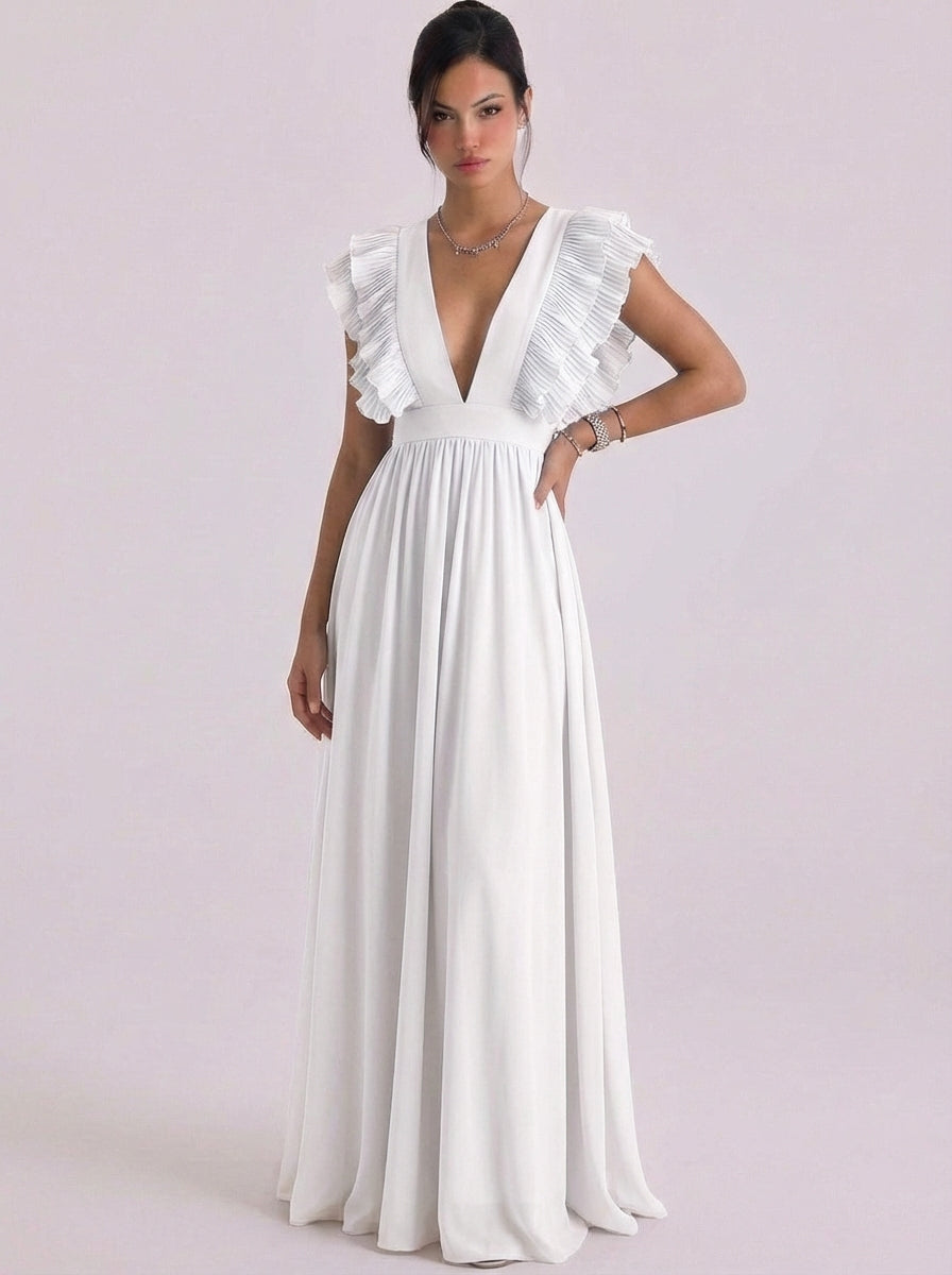 Vestido largo de gasa con volantes plisados y escote en V profundo, manga casquillo