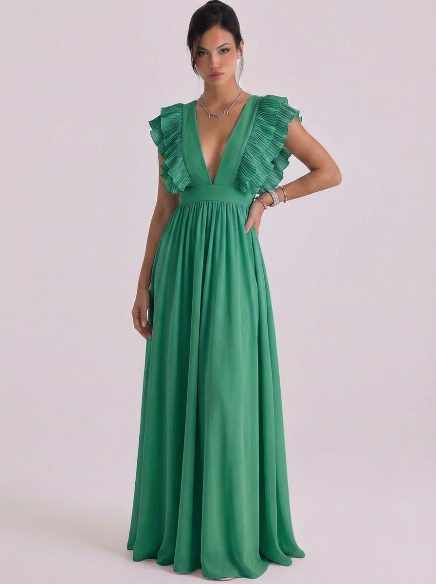 Vestido largo de gasa con volantes plisados y escote en V profundo, manga casquillo