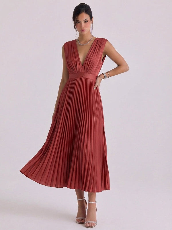Vestido midi de gasa plisado con cuello en V