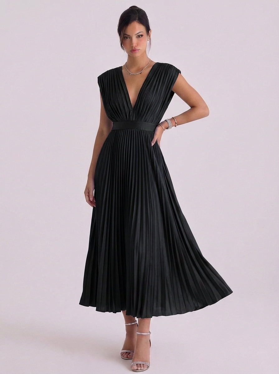 Vestido midi de gasa plisado con cuello en V