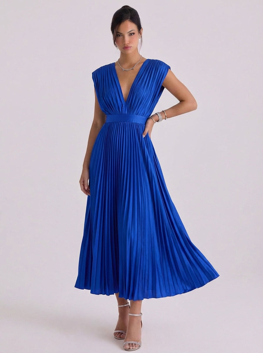 Robe midi plissée en mousseline à col en V