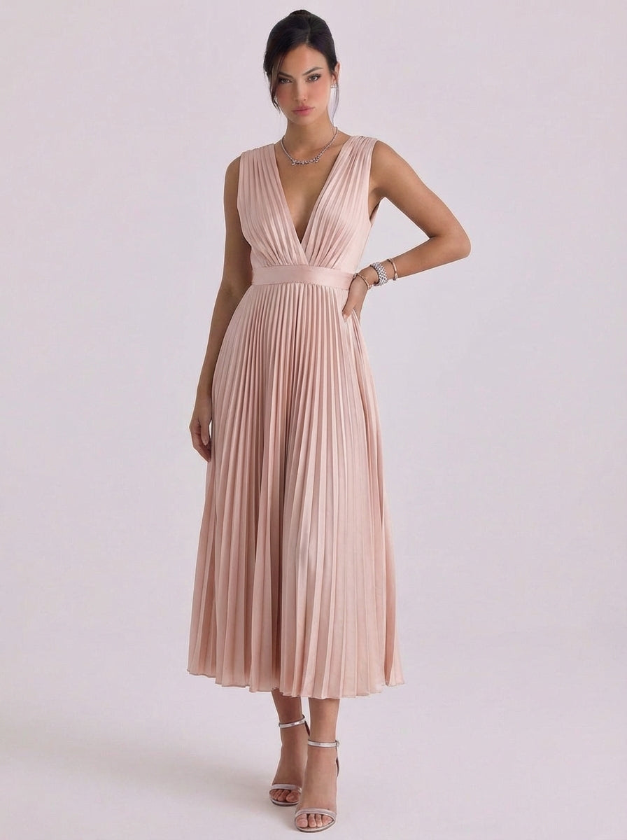 Chiffon-Plissee-Midikleid mit V-Ausschnitt