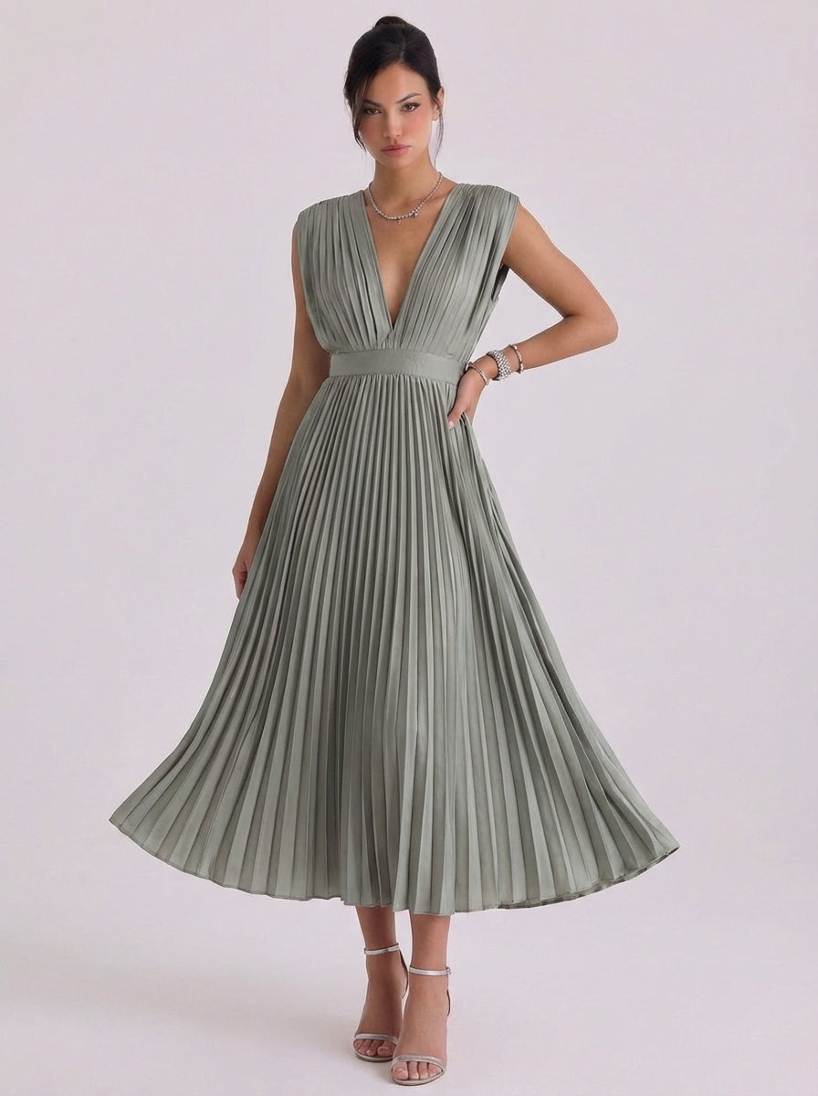 Midi-jurk van chiffon met geplooide V-hals