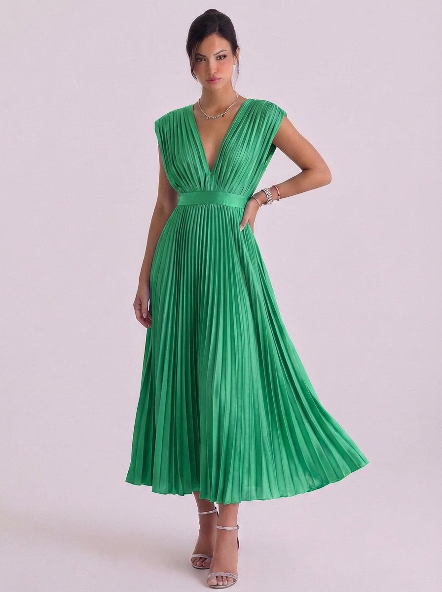 Chiffon-Plissee-Midikleid mit V-Ausschnitt