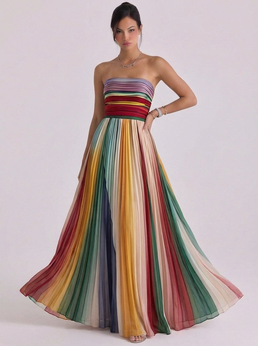 Trägerloser Kleid-Faltenrock aus Chiffon mit Regenbogenstreifen