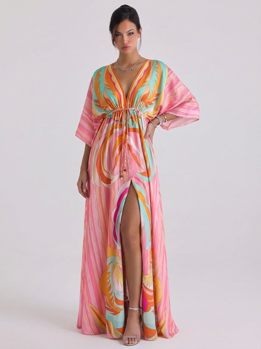 Chiffon wervelprint diepe V maxi-jurk kimono mouw knop voorkant hoge split