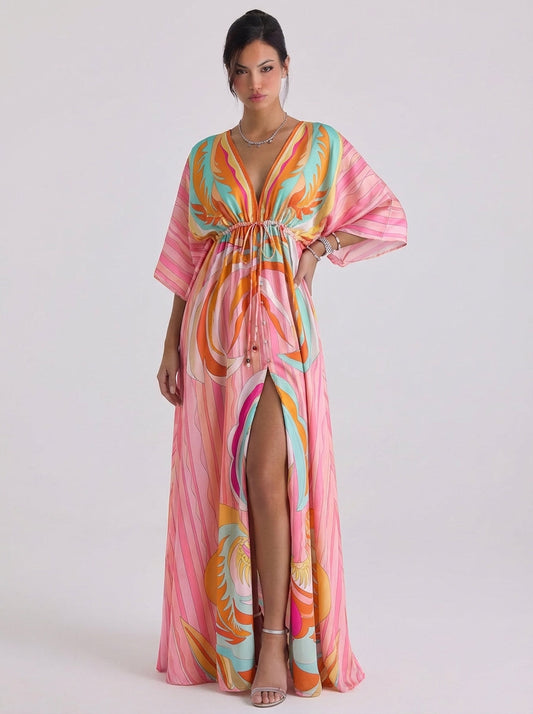 Chiffon-Swirl-Print, tiefes V-Maxikleid, Kimono-Ärmel, Knopfleiste vorne und hoher Schlitz