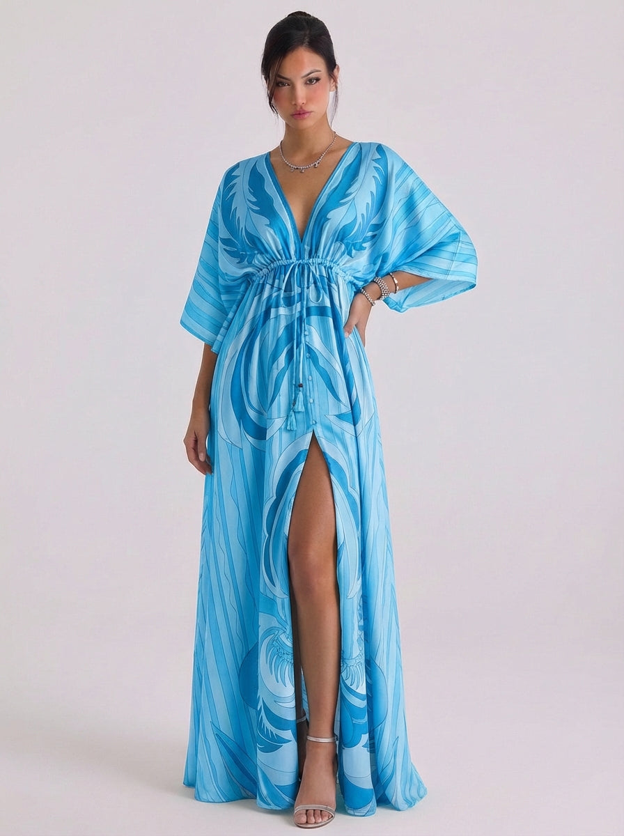 Vestido largo de gasa con estampado de remolinos y escote en V profundo, manga kimono, botones delanteros, abertura alta