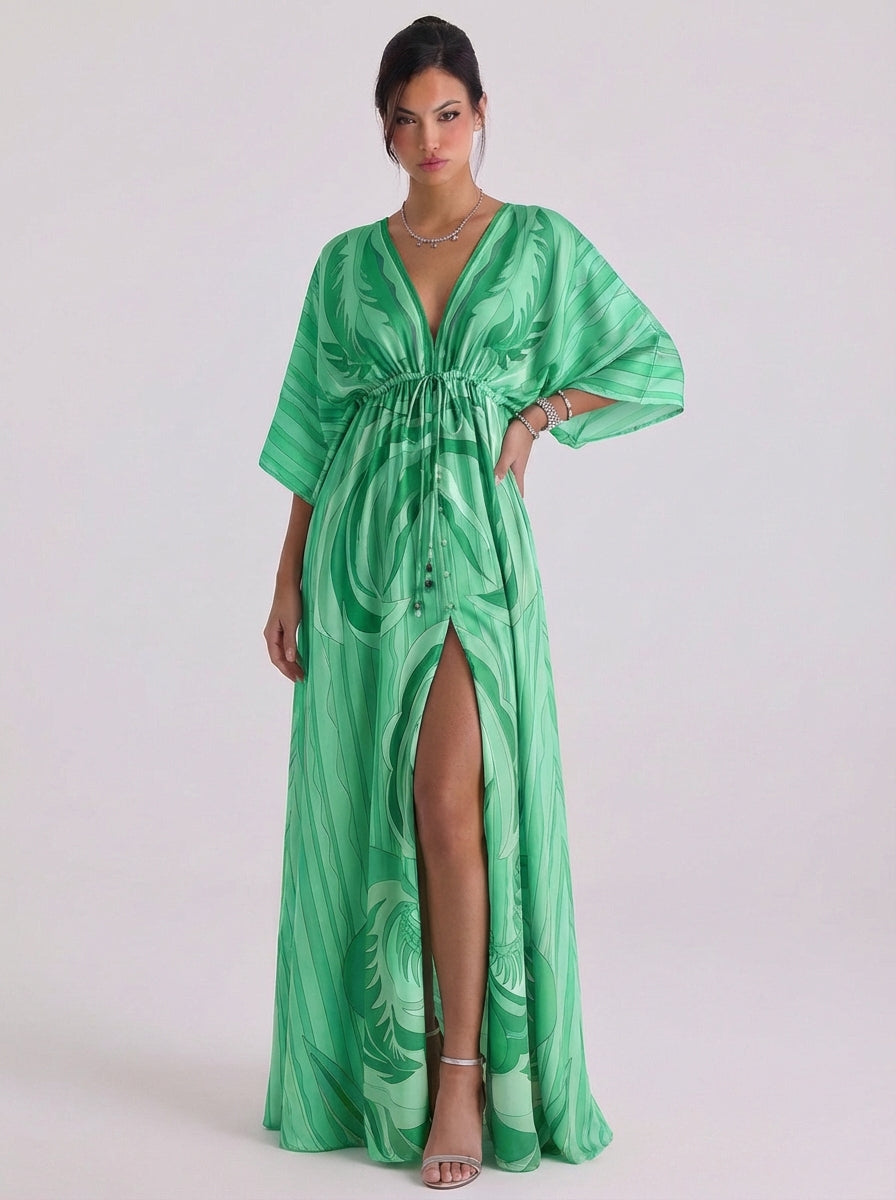 Abito lungo in chiffon con stampa a ricciolo a V profonda, manica a kimono con bottoni e spacco alto sul davanti