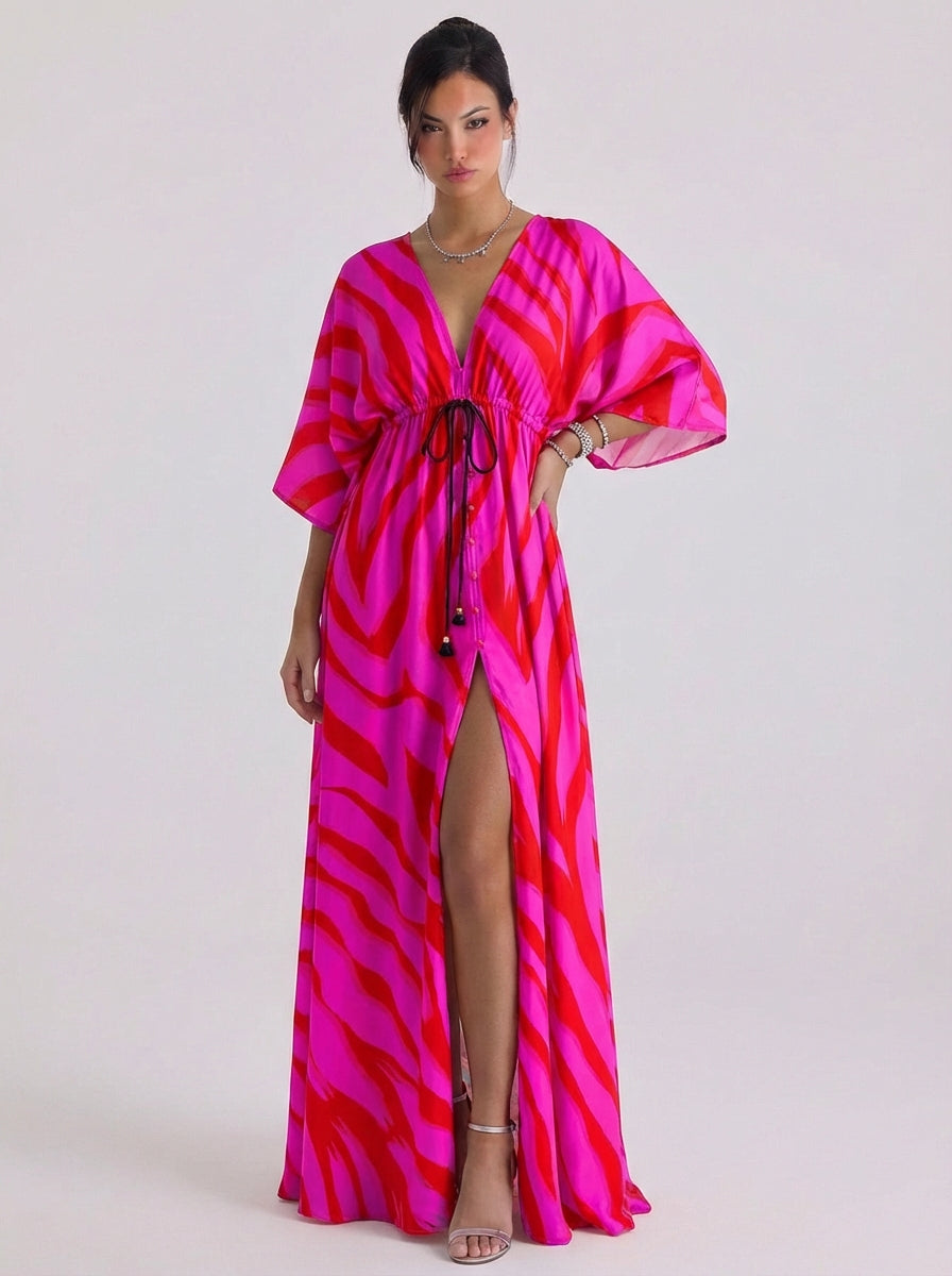 Vestido largo de gasa con estampado de remolinos y escote en V profundo, manga kimono, botones delanteros, abertura alta
