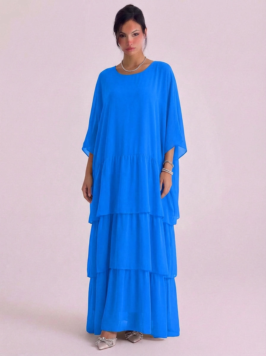 Top oversize con maxi abito in chiffon con volant a strati