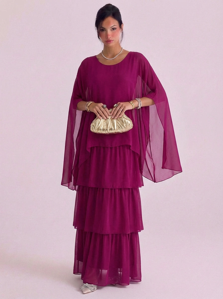 Top oversize con maxi abito in chiffon con volant a strati