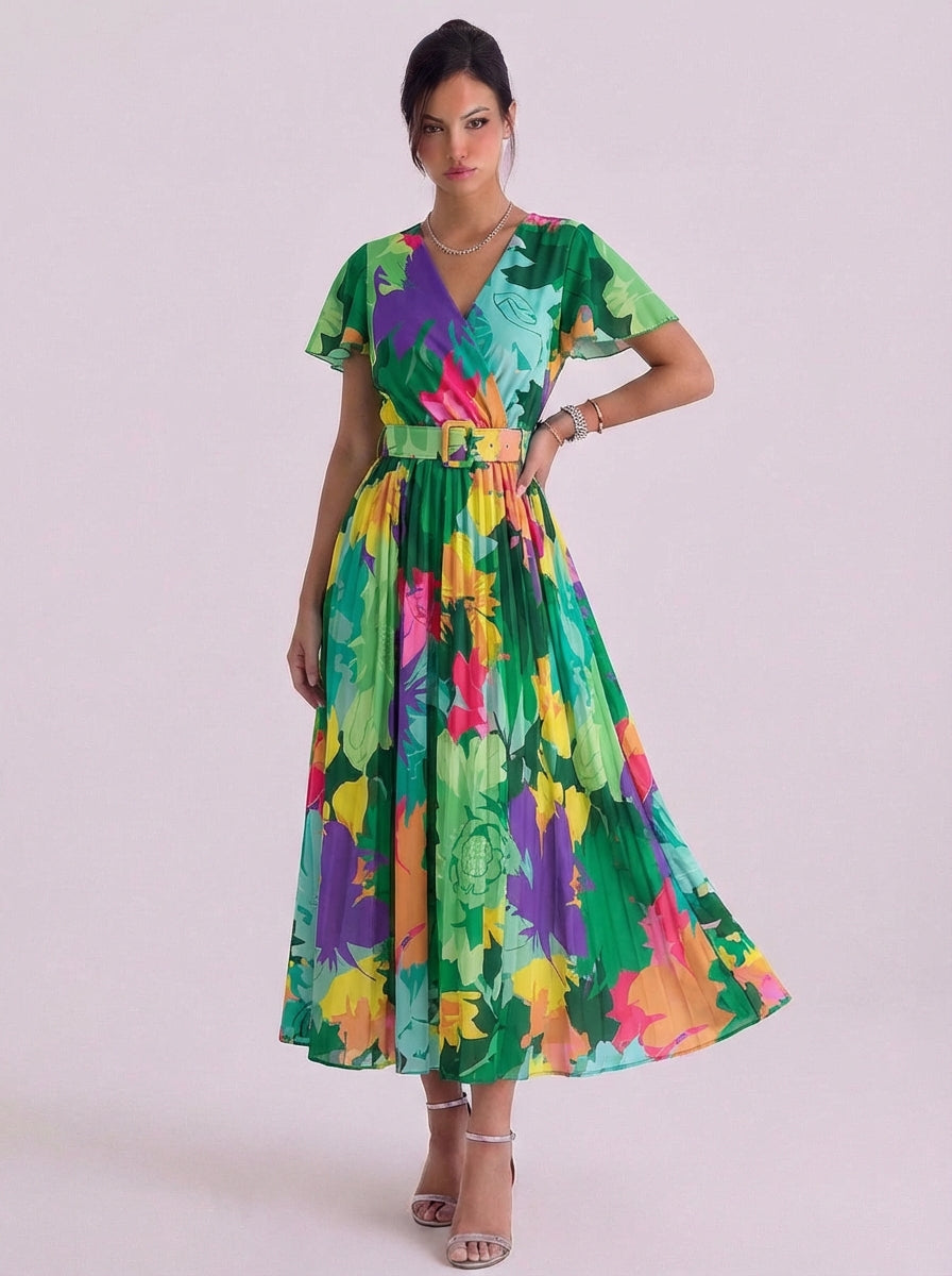 Vestido midi cruzado de gasa con estampado tropical