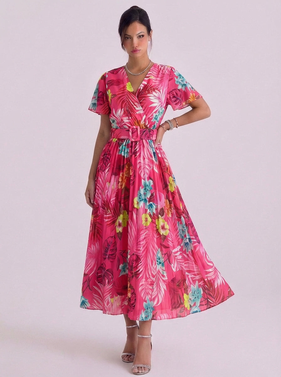 Robe mi-longue portefeuille en mousseline à imprimé tropical