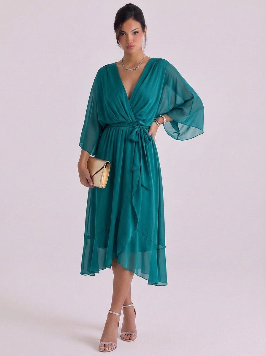 Abito lungo avvolgente in chiffon con cintura