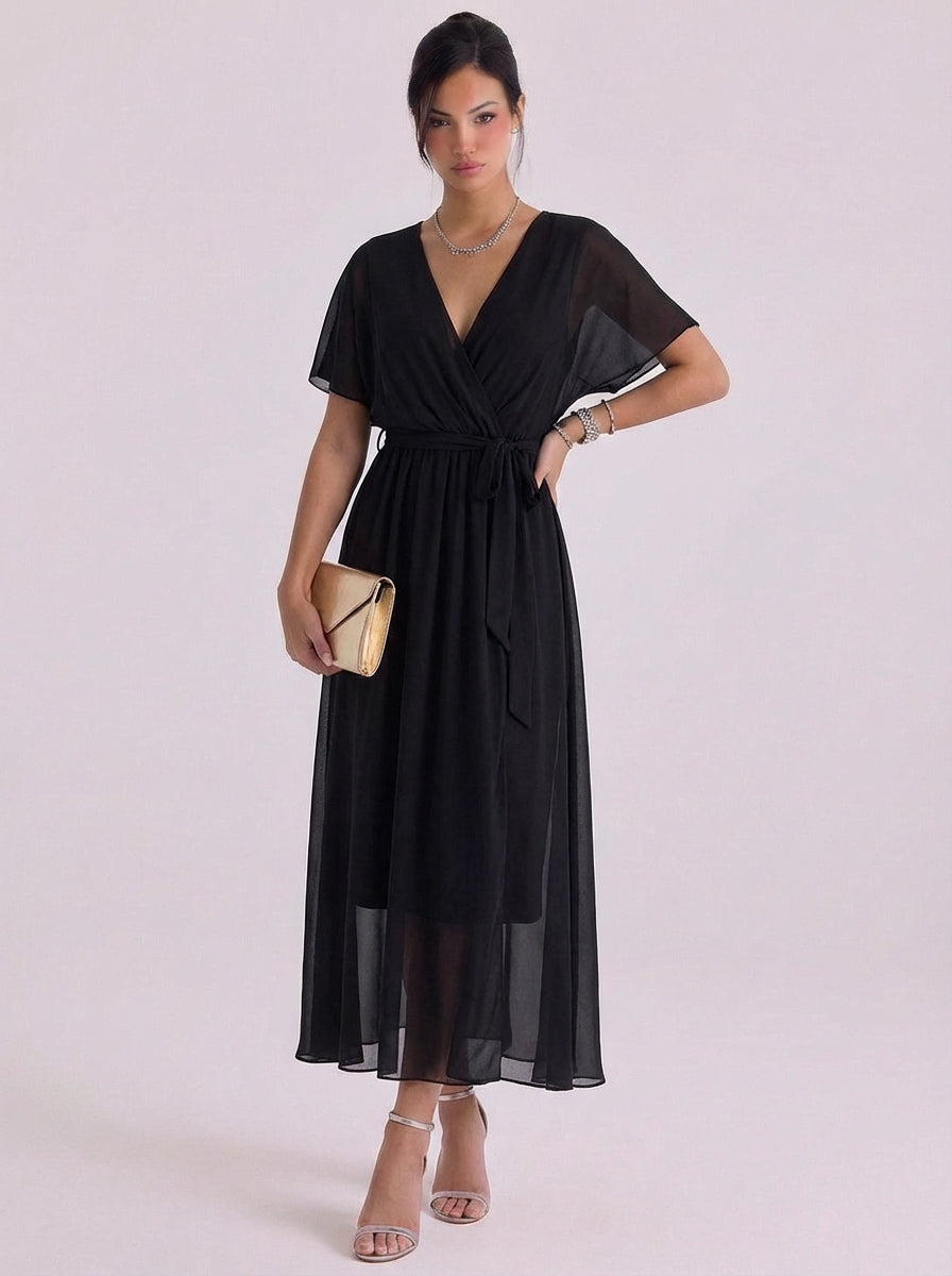 Abito lungo avvolgente in chiffon con cintura