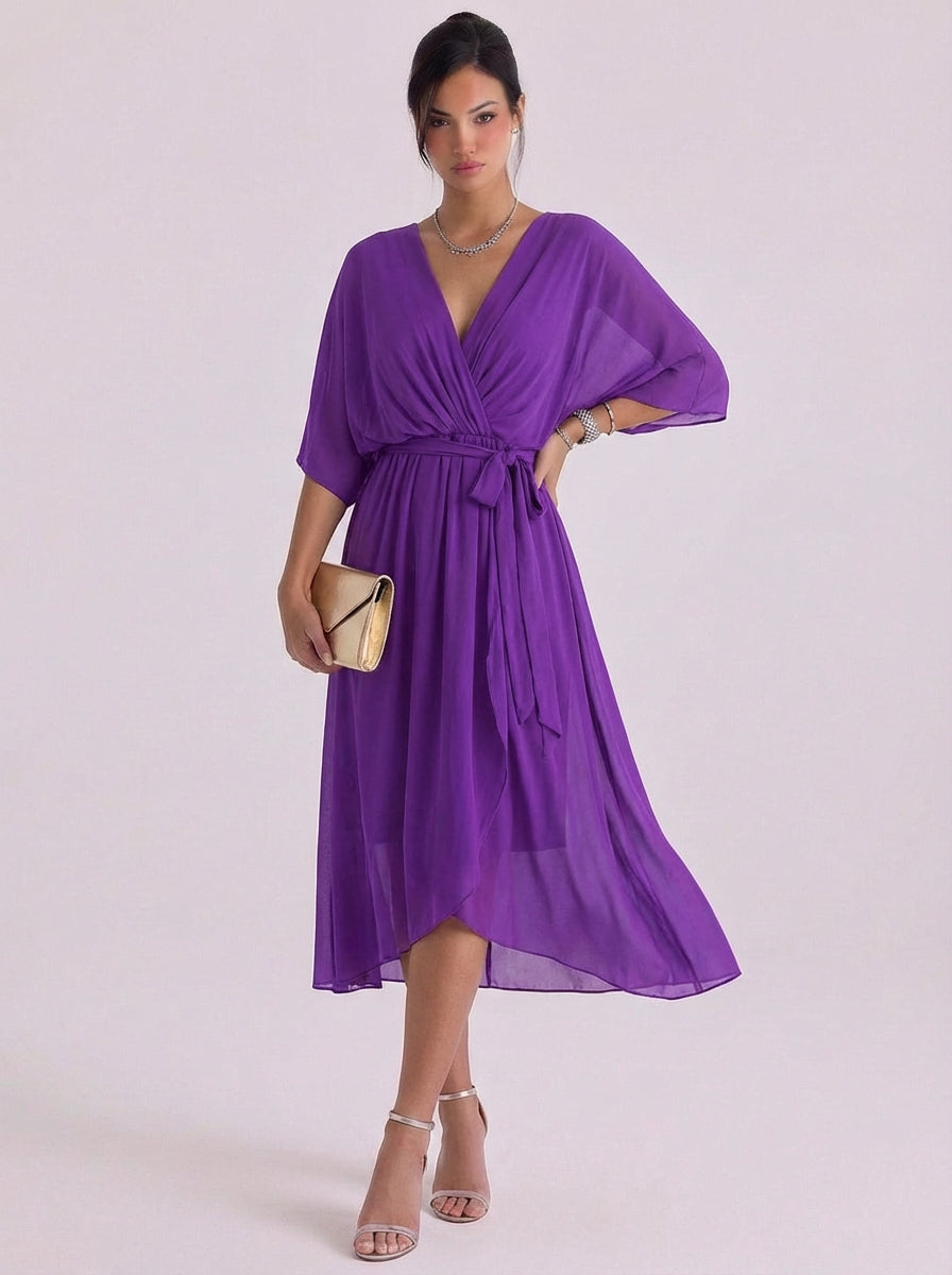 Maxi-jurk van chiffon met overslag en riem