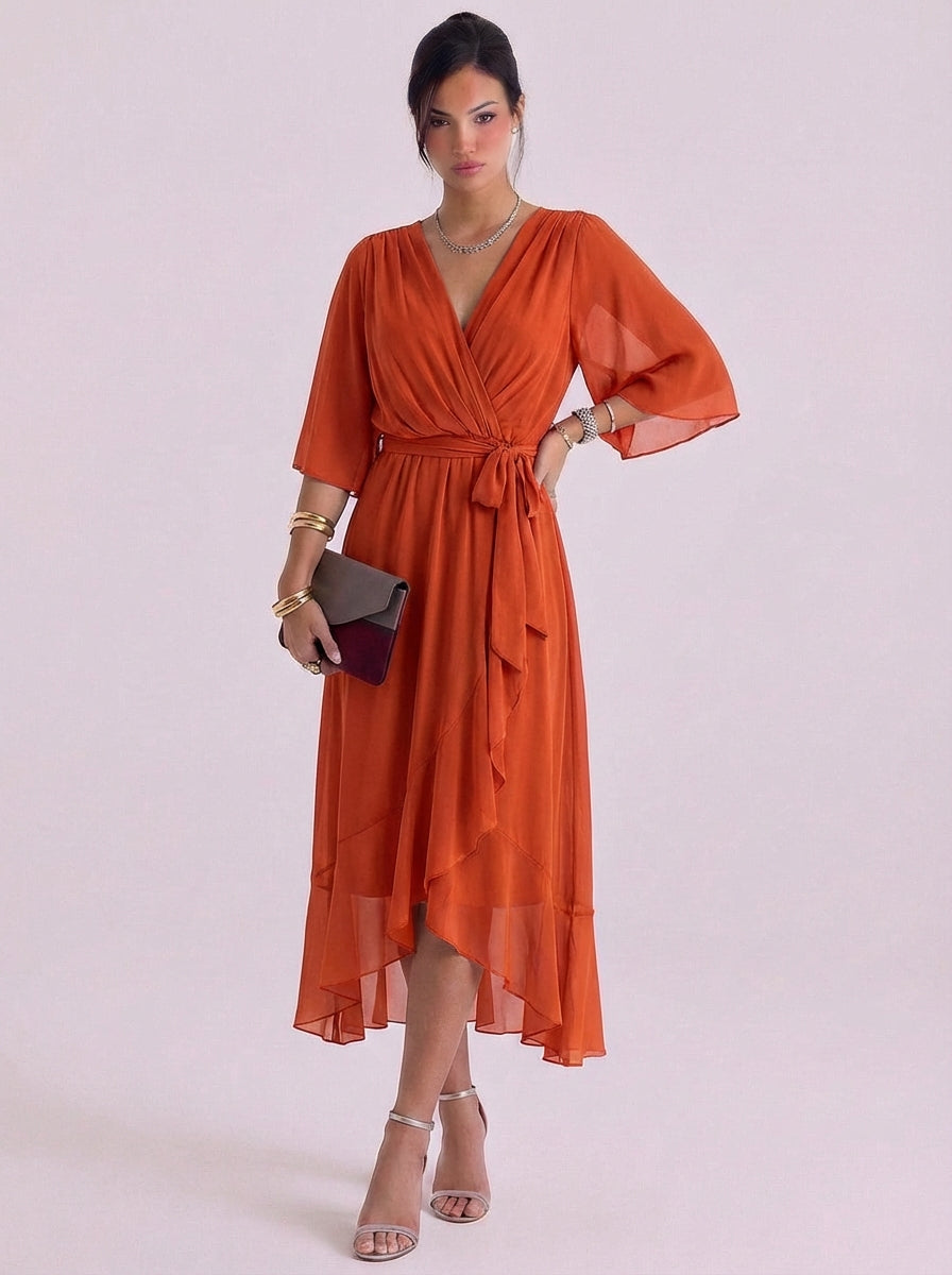 Abito lungo avvolgente in chiffon con cintura