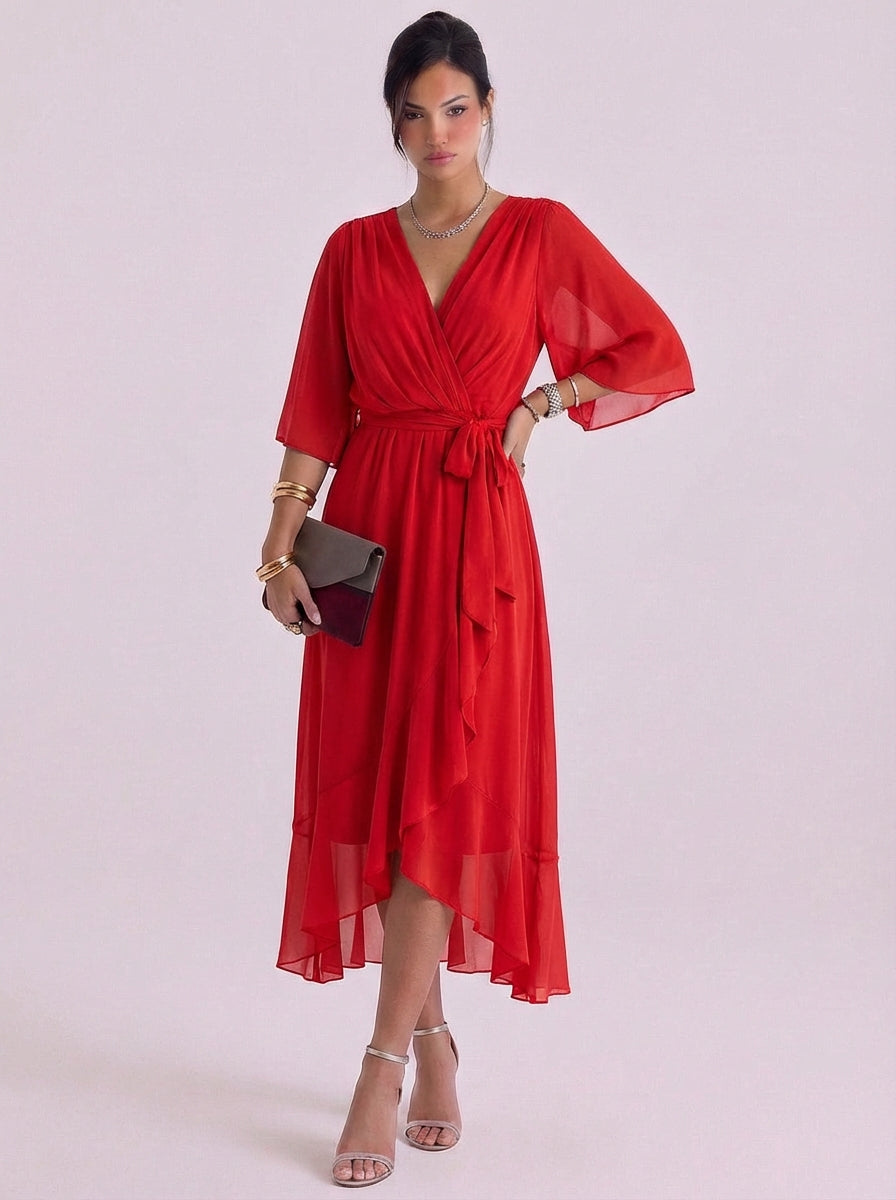 Abito lungo avvolgente in chiffon con cintura