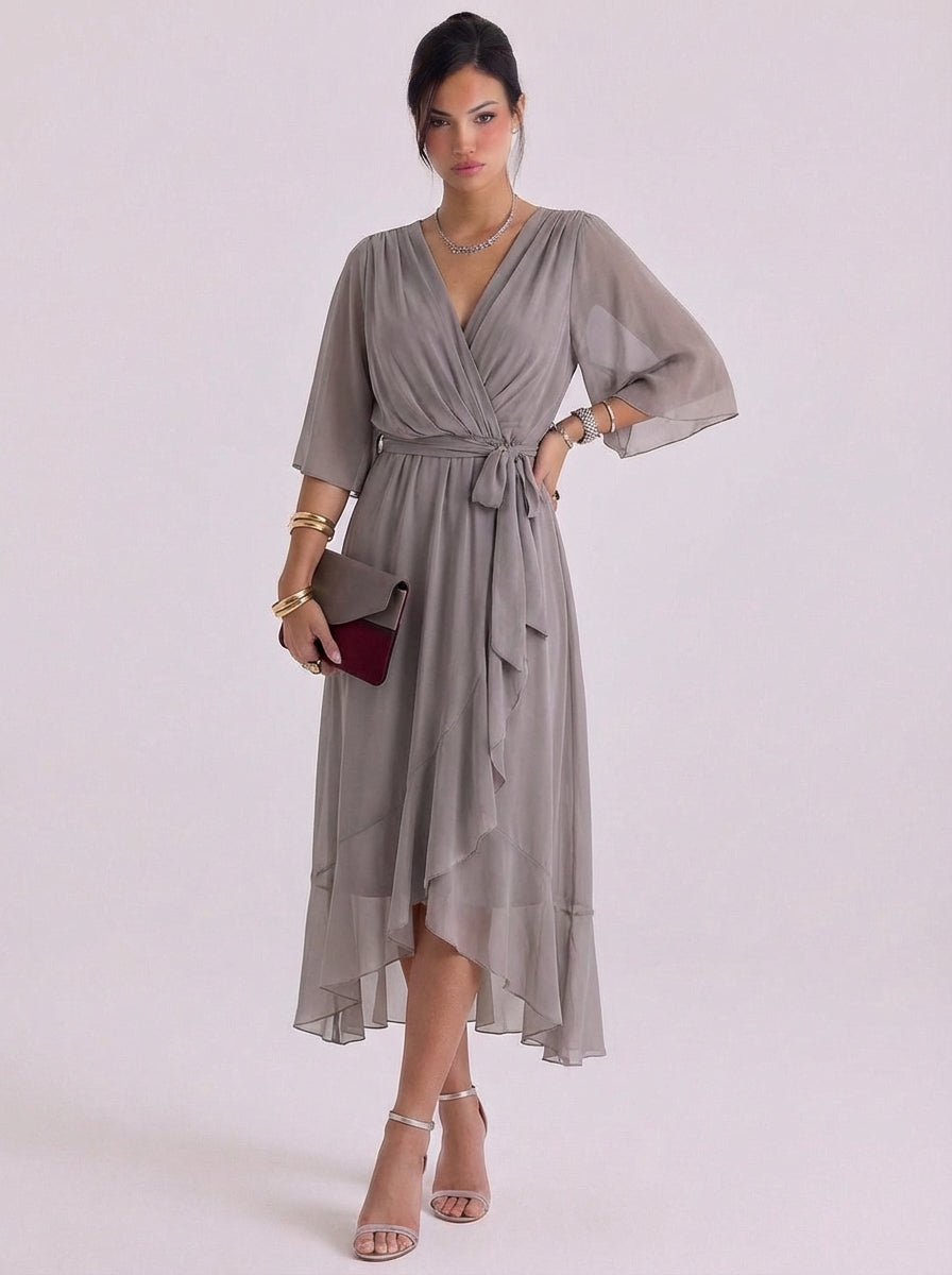 Robe longue portefeuille en mousseline avec ceinture à nouer