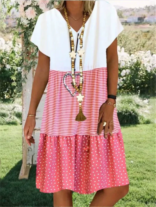 Vestido escalonado con lunares y rayas color block