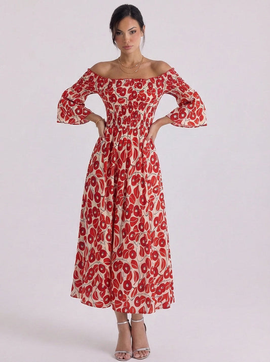 Abito midi con spalle scoperte e stampa astratta in cotone, maniche a sbuffo