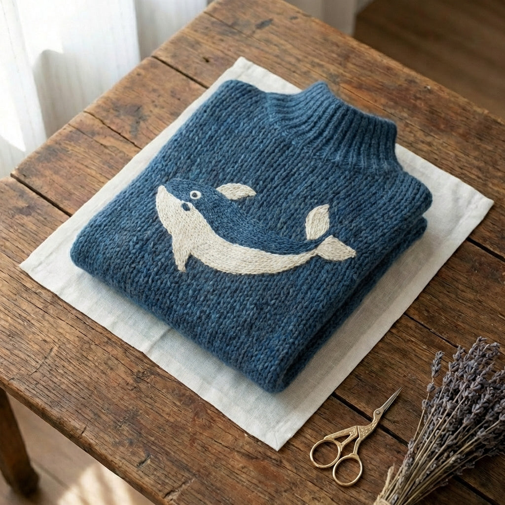 Pull en grosse maille de coton avec motif de baleine brodé en bleu océan