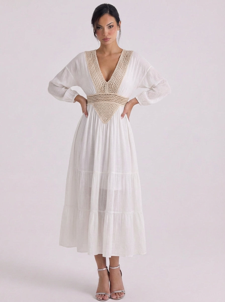 Robe longue à volants et panneaux en crochet de coton