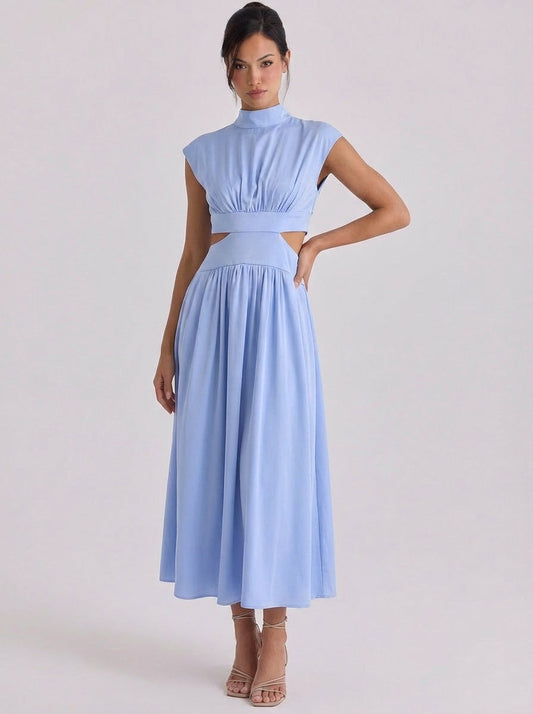 Hochgeschlossenes Midikleid aus Baumwolle mit Ausschnitten, Flügelärmeln und geraffter Taille
