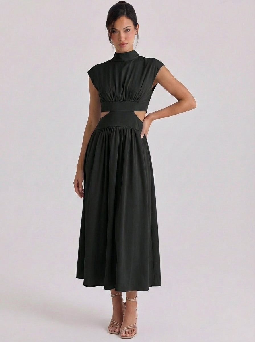 Robe mi-longue en coton découpée à col haut, mancherons, taille froncée