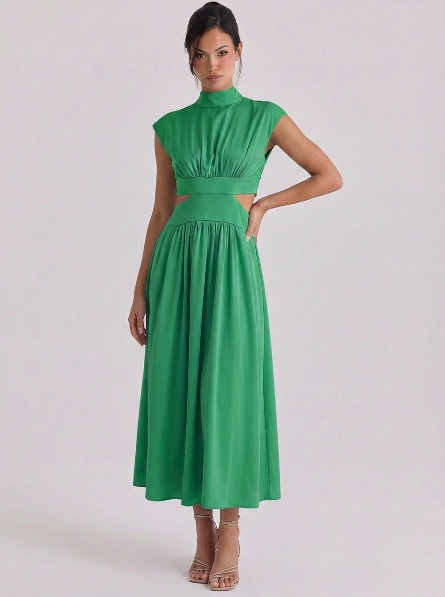 Vestido midi con cuello alto y abertura en algodón Manga japonesa Cintura fruncida