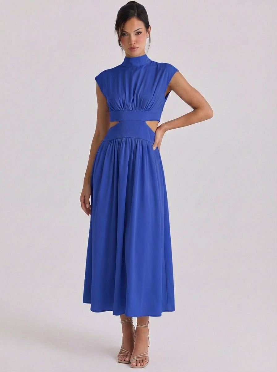 Vestido midi con cuello alto y abertura en algodón Manga japonesa Cintura fruncida