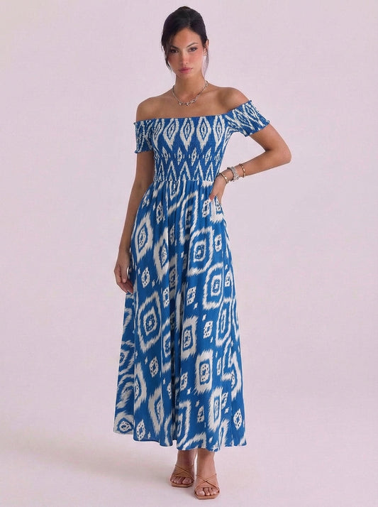 Katoenen ikat-print off-shoulder midi-jurk met gesmokt lijfje
